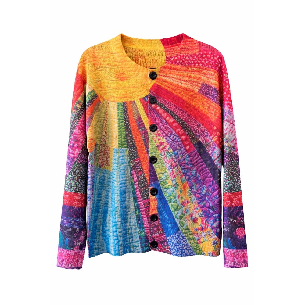 Colorful "Patchwork" Printed Cardigan Boho Quilt Style Button Front Sweater